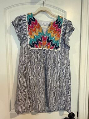 THML Navy & White Striped Dress with Colorful Embroidered Yoke